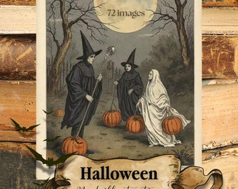 May include: Vintage Halloween illustration featuring three figures in cloaks and hats, holding pumpkins. The image includes the text "Halloween Book illustrations" on a banner, with a full moon in the background. The image is decorated with bats and a banner.