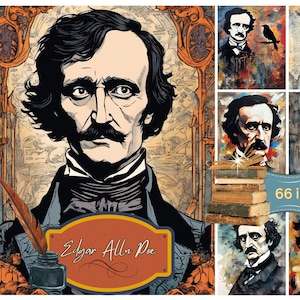 エドガー・アラン・ポーのジャンクジャーナル画像、水彩クリップアート（デジタルダウンロード）