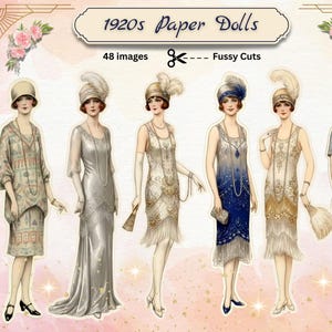 May include: A set of six paper dolls depicting 1920s flapper fashion. The dolls are dressed in a variety of colours, including silver, blue, and gold, with feathered headbands and long beaded necklaces. The image includes the text "1920s Paper Dolls".