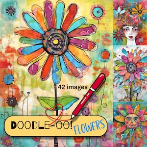 Pode incluir: Uma coleção de estampas de arte floral coloridas e caprichosas. A obra de arte apresenta tons vibrantes de laranja, azul, rosa e amarelo. O texto "DOODLE-OO! FLOWERS" é exibido em uma faixa amarela, com "42 imagens" abaixo.