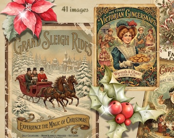 Vintage Christmas Ads Ephemera, Victorian Style Art, Scrapbook Journal Elements (Digital Download)