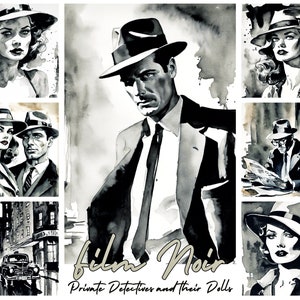 Tarjetas de diario basura de cine negro, imágenes de cine negro, páginas de diario basura, gráficos de detectives privados: detectives privados y sus muñecos