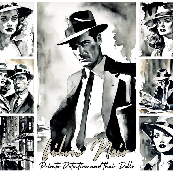 Film Noir Junk Journal Cards, Film Noir Images, junk journal pages, Private Detective graphics - Private Detectives and their Dolls