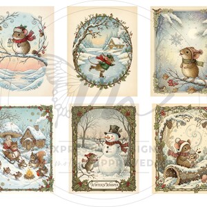 May include: Six charming winter illustrations featuring mice in snowy scenes. The mice are depicted wearing scarves and hats, engaged in activities like ice skating and building a snowman. Each illustration is framed with a decorative border.