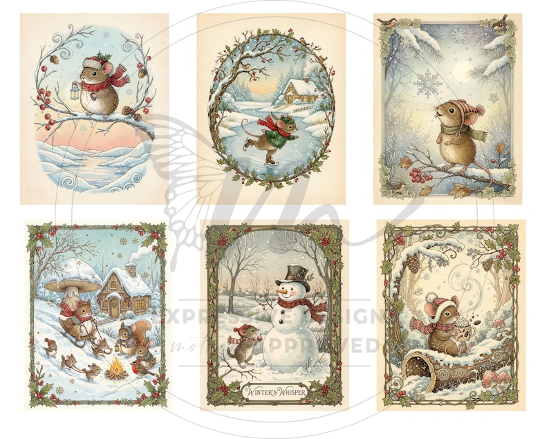 May include: Six charming winter illustrations featuring mice in snowy scenes. The mice are depicted wearing scarves and hats, engaged in activities like ice skating and building a snowman. Each illustration is framed with a decorative border.