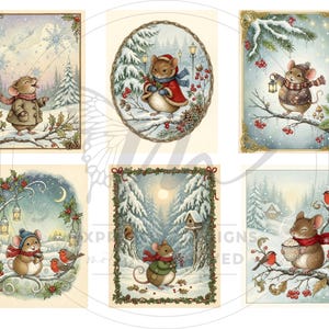 May include: Six charming winter-themed illustrations showcasing mice in winter clothing. The mice are set in snowy landscapes, interacting with nature, and carrying lanterns. The illustrations have a vintage, storybook style with a warm colour palette.