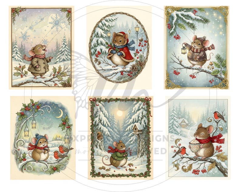 May include: Six charming winter-themed illustrations showcasing mice in winter clothing. The mice are set in snowy landscapes, interacting with nature, and carrying lanterns. The illustrations have a vintage, storybook style with a warm colour palette.
