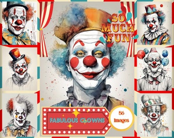 May include: A collage of watercolor and digital illustrations of clowns with different expressions and costumes. The text "So Much Fun" and "Fabulous Clowns" is featured in the image. The image also includes the text "56 Images".