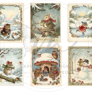 May include: A collection of six vintage winter postcards. The illustrations depict woodland animals, such as mice and squirrels, in snowy scenes. The cards feature a decorative border and the text "Winter Wonderland". Each card has a unique design.