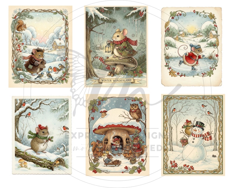 May include: A collection of six vintage winter postcards. The illustrations depict woodland animals, such as mice and squirrels, in snowy scenes. The cards feature a decorative border and the text "Winter Wonderland". Each card has a unique design.