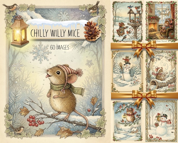 Vintage Winter Mouse Images, Storybook Art, Woodland Creatures (Digital Download)