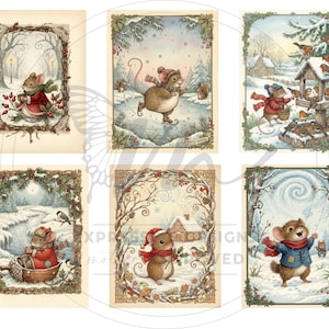 May include: Six charming winter illustrations depicting mice in snowy settings. The images are framed with decorative borders of branches and berries. The mice are shown in winter clothing, interacting with birds and squirrels in a whimsical, festive style.
