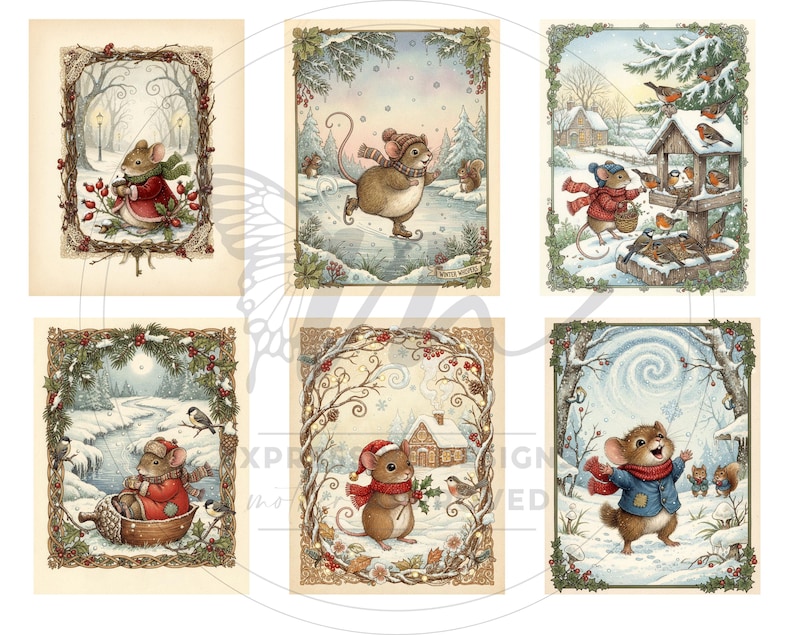 May include: Six charming winter illustrations depicting mice in snowy settings. The images are framed with decorative borders of branches and berries. The mice are shown in winter clothing, interacting with birds and squirrels in a whimsical, festive style.