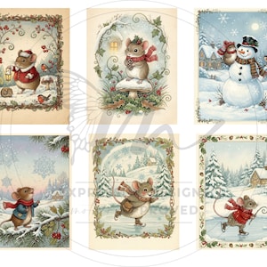 May include: Six winter-themed illustrations featuring mice in snowy scenes. The images include a snowman, ice skating, and mice with lanterns. Each illustration has a decorative border, creating a vintage aesthetic, perfect for seasonal decor.