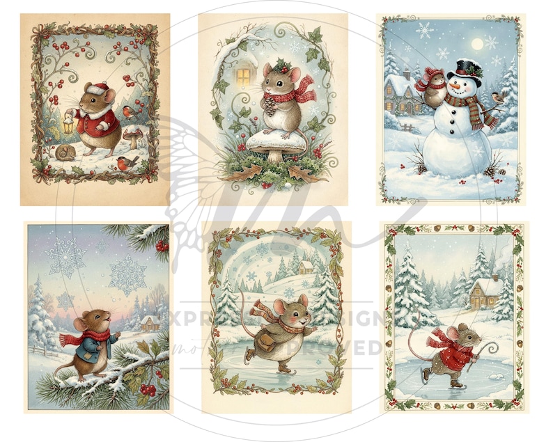 May include: Six winter-themed illustrations featuring mice in snowy scenes. The images include a snowman, ice skating, and mice with lanterns. Each illustration has a decorative border, creating a vintage aesthetic, perfect for seasonal decor.
