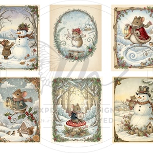 May include: Six charming winter illustrations showcasing mice and snowmen in snowy scenes. Each image is framed with decorative borders and depicts winter activities, including carrying lanterns and enjoying hot drinks in a winter wonderland.