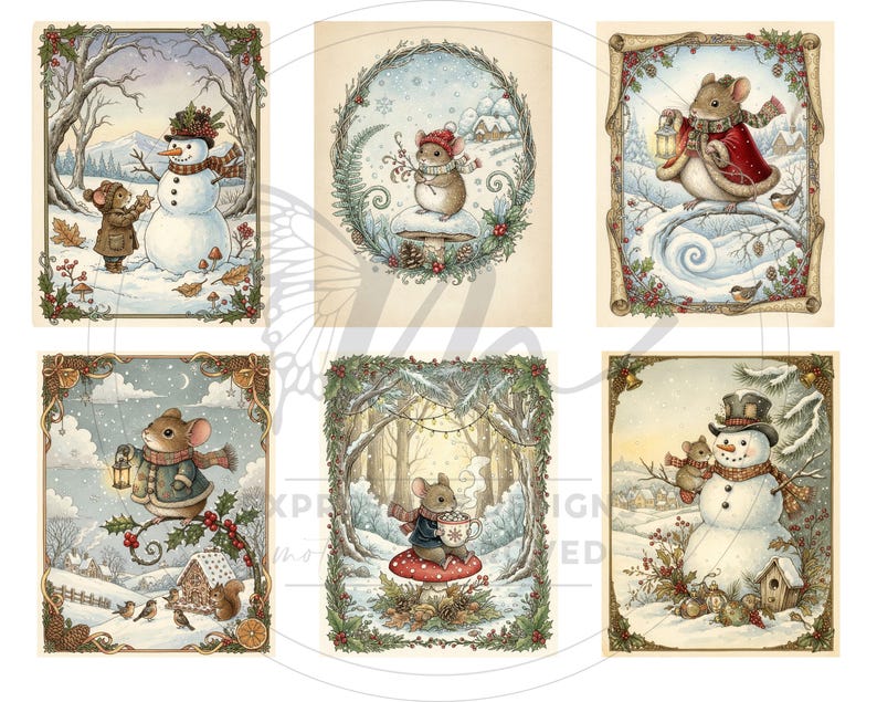 May include: Six charming winter illustrations showcasing mice and snowmen in snowy scenes. Each image is framed with decorative borders and depicts winter activities, including carrying lanterns and enjoying hot drinks in a winter wonderland.