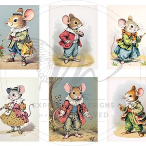Peut inclure: Six illustrations fantaisistes de souris anthropomorphes v&ecirc;tues de costumes d'&eacute;poque. Chaque souris porte une tenue diff&eacute;rente, avec des vestes, des chapeaux et des sacs. La palette de couleurs comprend des pastels doux et des tons terreux.
