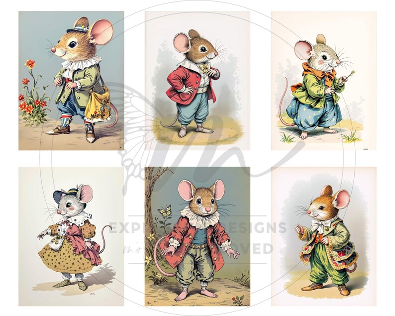 Peut inclure: Six illustrations fantaisistes de souris anthropomorphes v&ecirc;tues de costumes d'&eacute;poque. Chaque souris porte une tenue diff&eacute;rente, avec des vestes, des chapeaux et des sacs. La palette de couleurs comprend des pastels doux et des tons terreux.