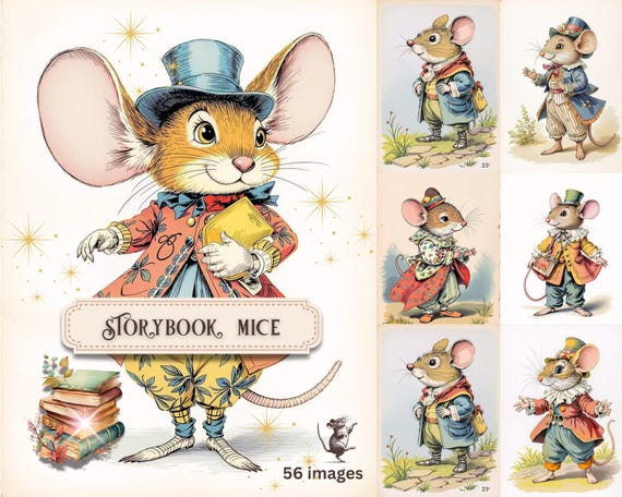 Vintage Storybook Mice Art, Mouse Illustrations, Mouse Scrapbook, Mouse Junk Journal, Mouse Art, Mouse Graphics (Digital Download)