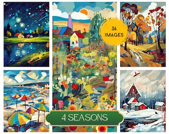 Four Seasons Landscape Art, Watercolor & Ink, Digital Download