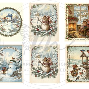 May include: A selection of vintage winter illustrations. The images depict snowmen, mice in winter clothing, cosy indoor scenes with fireplaces, and birds at a bird feeder. The colour scheme includes soft blues, greens, and browns.