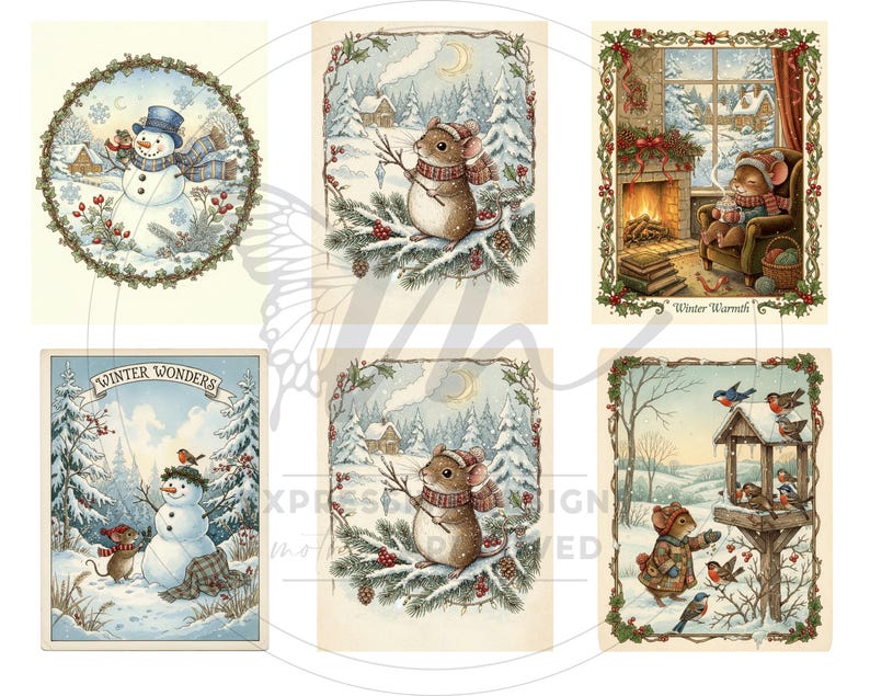 May include: A selection of vintage winter illustrations. The images depict snowmen, mice in winter clothing, cosy indoor scenes with fireplaces, and birds at a bird feeder. The colour scheme includes soft blues, greens, and browns.