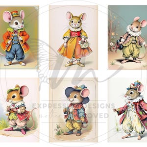 Peut inclure: Six illustrations vintage repr&eacute;sentant des souris anthropomorphes v&ecirc;tues de tenues color&eacute;es et fantaisistes. Les souris portent des manteaux, des chapeaux et des robes aux tons orange, bleu, jaune et rouge, avec des cols et accessoires d&eacute;coratifs.