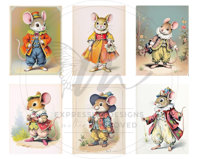 Peut inclure: Six illustrations vintage repr&eacute;sentant des souris anthropomorphes v&ecirc;tues de tenues color&eacute;es et fantaisistes. Les souris portent des manteaux, des chapeaux et des robes aux tons orange, bleu, jaune et rouge, avec des cols et accessoires d&eacute;coratifs.