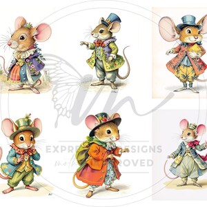 Peut inclure: Illustrations &agrave; l'aquarelle de souris anthropomorphes v&ecirc;tues de v&ecirc;tements vintage. Chaque souris porte une tenue diff&eacute;rente, comprenant des manteaux, des gilets et des chapeaux, dans diverses couleurs comme le bleu, le vert, l'orange et le jaune. Les souris ont de grandes oreilles et de longues queues.