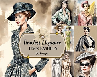 Könnte beinhalten: Eine Sammlung von Vintage-Modeillustrationen mit Frauen in verschiedenen Stilen der 1950er Jahre. Die Illustrationen sind im Aquarellstil gehalten und zeigen eine Vielzahl von Farben und Mustern. Der Text "Timeless Elegance 1950s Fashion 56 images" ist in der Mitte des Bildes dargestellt.