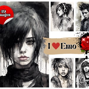 May include: A collage of black and white watercolor illustrations featuring people with emo hairstyles and clothing. The text "I ♥ Emo" is featured in the center of the collage.