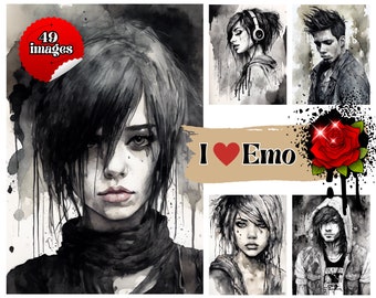 Emo Junk Journal Images, Watercolor Ink Fashion Scrapbook (Digital Download)