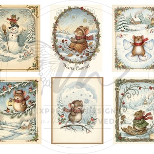 May include: Six charming winter illustrations showcasing mice in snowy settings. The artwork includes a mouse on a snowman, enjoying a warm drink, making snow angels, and other winter activities. Each image is framed with decorative borders.