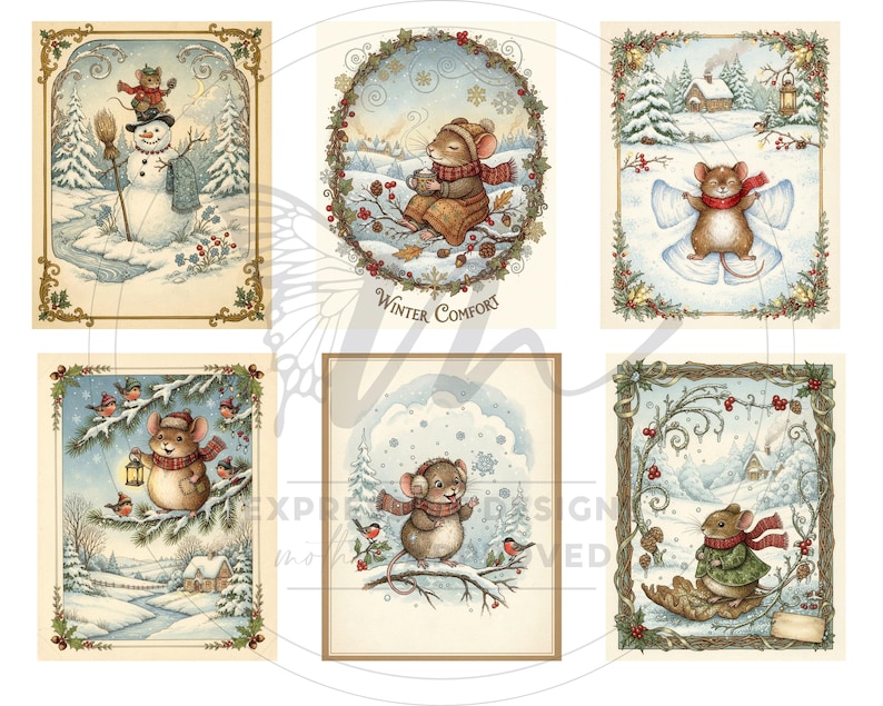 May include: Six charming winter illustrations showcasing mice in snowy settings. The artwork includes a mouse on a snowman, enjoying a warm drink, making snow angels, and other winter activities. Each image is framed with decorative borders.