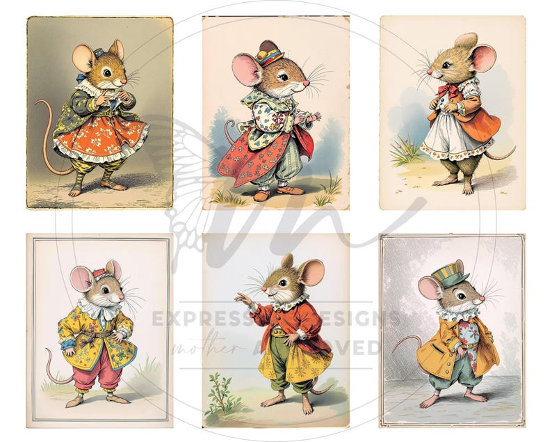 Peut inclure: Six illustrations vintage d'anthropomorphes souris v&ecirc;tues de tenues color&eacute;es et d&eacute;taill&eacute;es. Chaque souris est repr&eacute;sent&eacute;e dans une pose et une tenue diff&eacute;rente, avec un accent sur l'esth&eacute;tique fantaisiste et de conte de f&eacute;es. Les illustrations ont un aspect doux et vieilli.