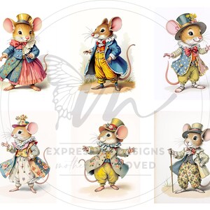 Peut inclure: Six illustrations fantaisistes de souris anthropomorphes v&ecirc;tues de tenues d'&eacute;poque. Les souris portent des manteaux, des chapeaux et des robes aux couleurs vari&eacute;es, notamment bleu, jaune, rose et motifs floraux. L'&oelig;uvre est r&eacute;alis&eacute;e dans un style aquarelle doux.