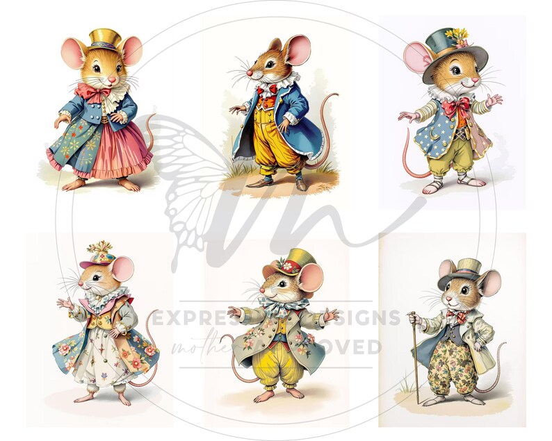 Peut inclure: Six illustrations fantaisistes de souris anthropomorphes v&ecirc;tues de tenues d'&eacute;poque. Les souris portent des manteaux, des chapeaux et des robes aux couleurs vari&eacute;es, notamment bleu, jaune, rose et motifs floraux. L'&oelig;uvre est r&eacute;alis&eacute;e dans un style aquarelle doux.