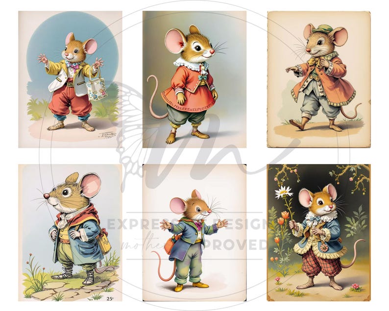 Peut inclure: Six illustrations de souris anthropomorphes dans des tenues vintage. Les souris sont v&ecirc;tues de manteaux, de chapeaux et d'autres accessoires, avec divers arri&egrave;re-plans. L'&oelig;uvre d'art a une ambiance classique de livre d'histoires, avec un accent sur les d&eacute;tails et les couleurs.