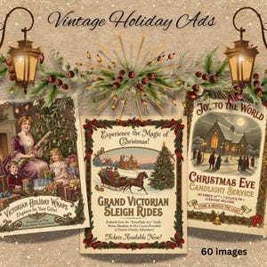 May include: Vintage holiday ads featuring three antique Christmas-themed illustrations. One shows a family by a Christmas tree, another a horse-drawn sleigh, and the third a church. The text includes "Victorian Holiday Wraps" and "Christmas Eve Candlelight Service."