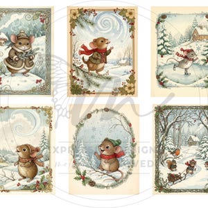 May include: A set of six winter-themed illustrations depicting charming mice in snowy scenes. Each image shows a mouse engaged in winter activities, including ice skating, carrying branches, or pulling a sled. The illustrations are framed with decorative borders.
