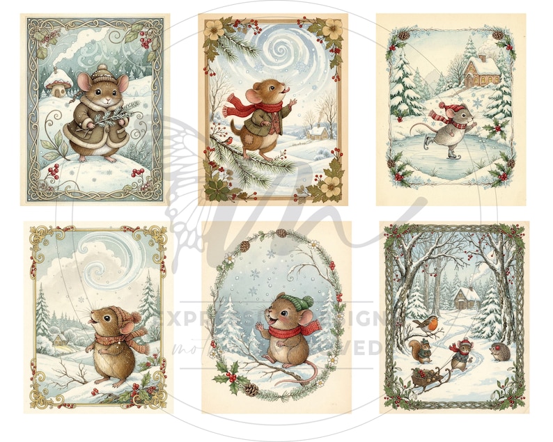May include: A set of six winter-themed illustrations depicting charming mice in snowy scenes. Each image shows a mouse engaged in winter activities, including ice skating, carrying branches, or pulling a sled. The illustrations are framed with decorative borders.
