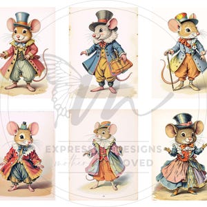 Peut inclure: Un collage de six illustrations de souris anthropomorphes v&ecirc;tues de tenues d'&eacute;poque. Les souris portent des manteaux, des chapeaux et des gilets de diff&eacute;rentes couleurs, dont le rouge, le bleu et le jaune. Les illustrations ont une esth&eacute;tique fantaisiste de livre d'histoires.