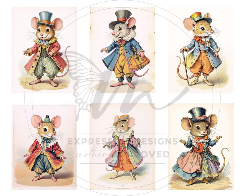 Peut inclure: Un collage de six illustrations de souris anthropomorphes v&ecirc;tues de tenues d'&eacute;poque. Les souris portent des manteaux, des chapeaux et des gilets de diff&eacute;rentes couleurs, dont le rouge, le bleu et le jaune. Les illustrations ont une esth&eacute;tique fantaisiste de livre d'histoires.