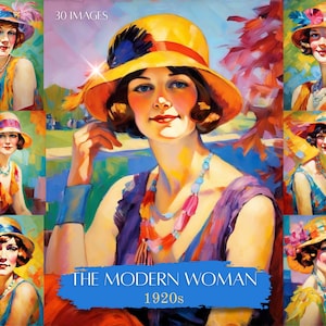 May include: A collection of colorful paintings depicting women in the style of the 1920s. Each portrait features a woman wearing a hat and jewelry. The text "THE MODERN WOMAN 1920s" is displayed on a blue banner.