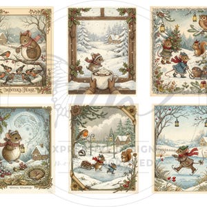 May include: A set of six vintage-style winter art prints. Each print depicts mice and woodland creatures in snowy scenes. The illustrations have decorative borders and include text such as "Winter's Feast" and "Winter Whispers". The prints evoke a cosy, seasonal theme.