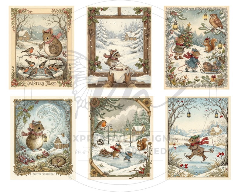 May include: A set of six vintage-style winter art prints. Each print depicts mice and woodland creatures in snowy scenes. The illustrations have decorative borders and include text such as "Winter's Feast" and "Winter Whispers". The prints evoke a cosy, seasonal theme.