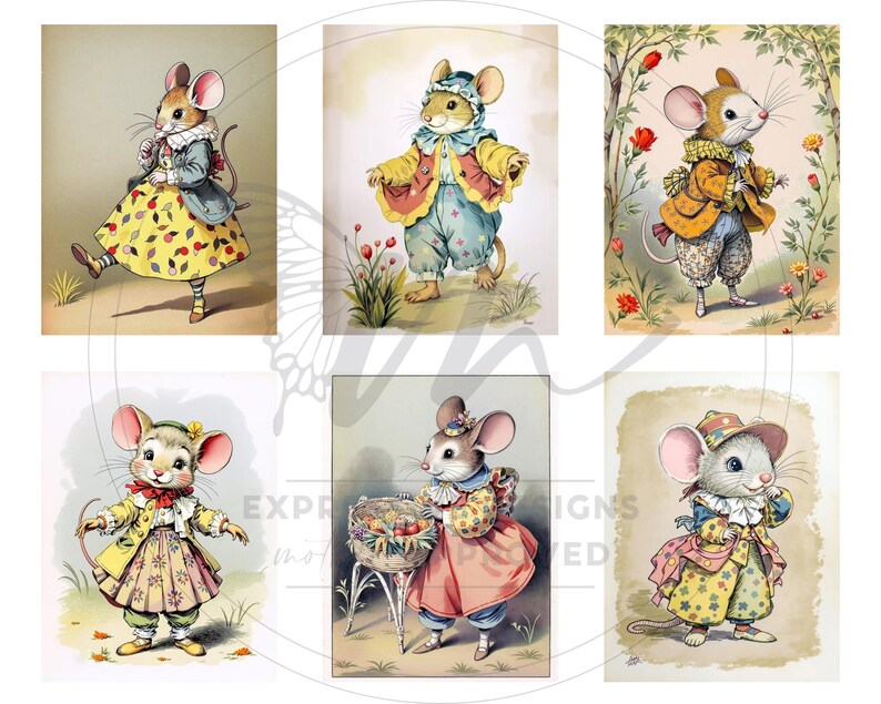 Peut inclure: Illustrations &agrave; l'aquarelle de souris anthropomorphes v&ecirc;tues de tenues vintage. Chaque souris porte une tenue diff&eacute;rente, comprenant des robes, des vestes et des chapeaux, avec des motifs floraux et &agrave; motifs. L'&oelig;uvre d'art a une esth&eacute;tique fantaisiste de livre d'histoires.