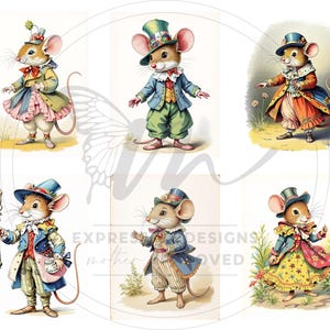 Peut inclure: Un collage num&eacute;rique pr&eacute;sentant six souris anthropomorphes v&ecirc;tues de tenues vintage. Chaque souris porte un chapeau et un manteau, avec des d&eacute;tails tels que des cols &agrave; volants et des gilets &agrave; motifs. La palette de couleurs comprend des pastels, avec des accents de rouge, de bleu et de jaune. Le texte "EXPRESS DESIGNS mother LOVED" est visible.