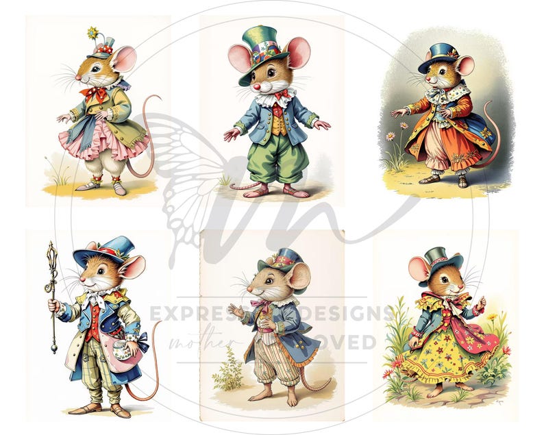 Peut inclure: Un collage num&eacute;rique pr&eacute;sentant six souris anthropomorphes v&ecirc;tues de tenues vintage. Chaque souris porte un chapeau et un manteau, avec des d&eacute;tails tels que des cols &agrave; volants et des gilets &agrave; motifs. La palette de couleurs comprend des pastels, avec des accents de rouge, de bleu et de jaune. Le texte "EXPRESS DESIGNS mother LOVED" est visible.